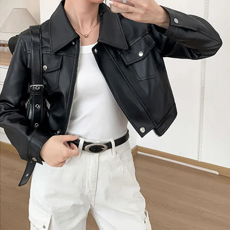 American retro black short leather jacket women's jacket autumn and winter new fashion design sense high sense casual top.