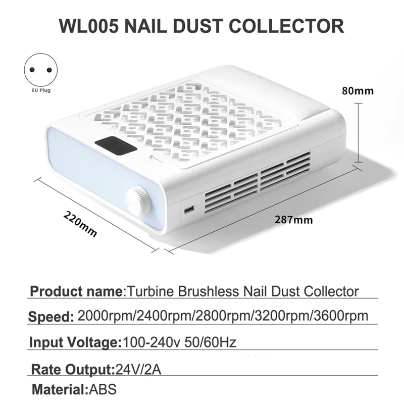 B58B-Hand Pillow Included Professional Nail Dust Collector For Acrylic Nails- Brushless Vacuum Cleaner With 2 Filters 5-Speed Tu