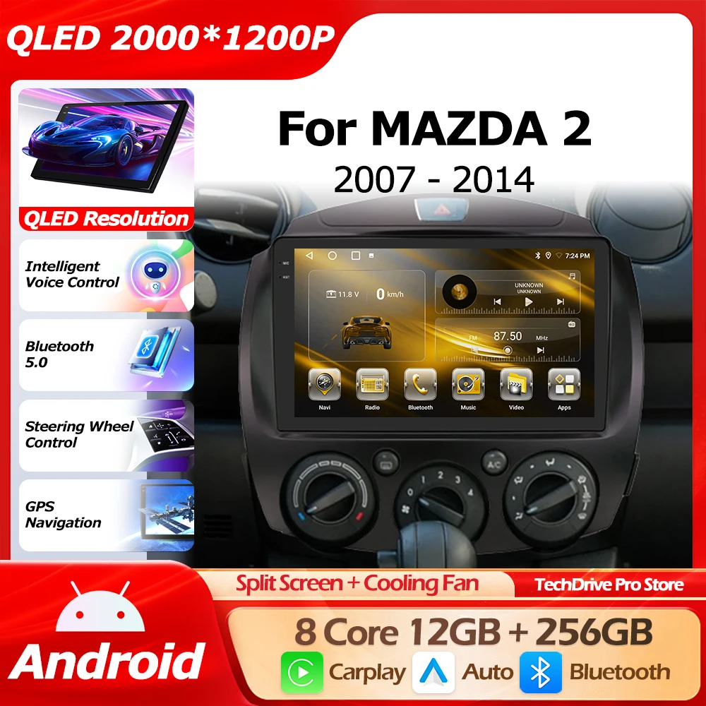 

QLED 2000*1200P Android 16 для Mazda 2 2007-2014, GPS-навигация, беспроводной Carplay, автомобильный мультимедийный плеер, Bluetooth, WIFI, 4G, DSP
