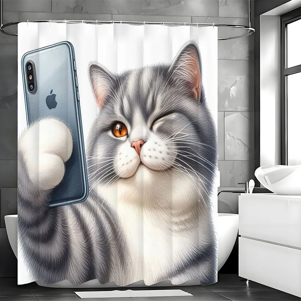 Funny Cat Taking Selfie with Smartphone Print 3D Digital Shower Curtain Waterproof Machine Washable Bathroom Fabric Home