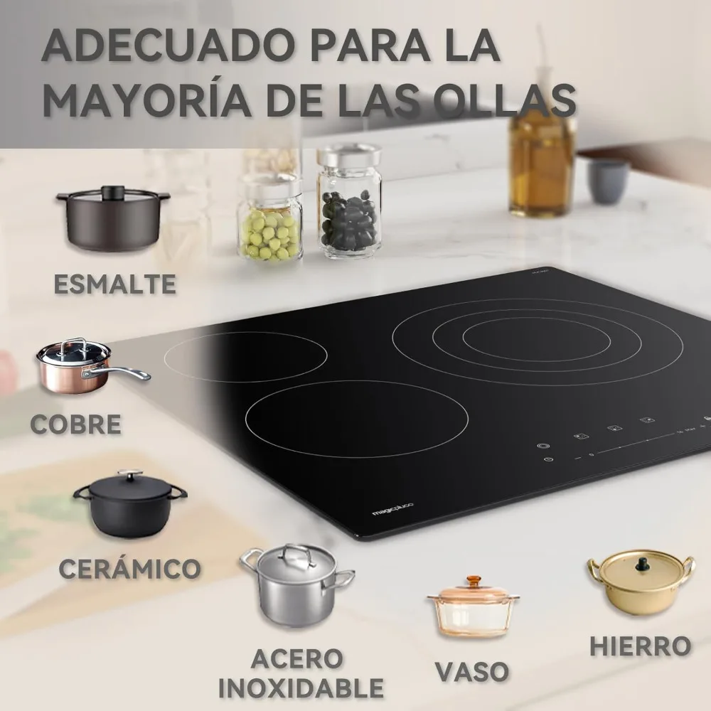 Magicplux Placa Vitrocer Policia 3 Fuegos، 59 سم فيتروسيراميلا دوبل منطقة، 16 نيفليس دي بوتينسيا، يتحكم في Táctiles، Temporizador،