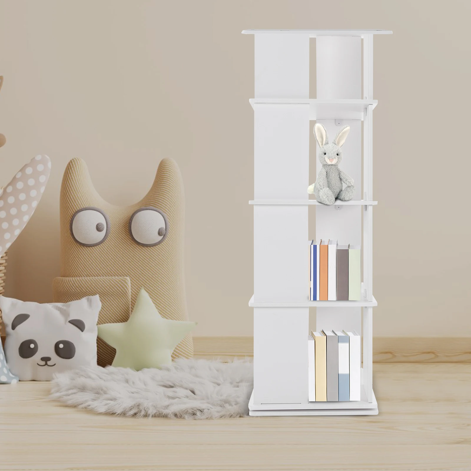 

4-Tiers Modern Rotating Bookshelf 15.75*15.75*50in White Elegant Freestanding Organizer