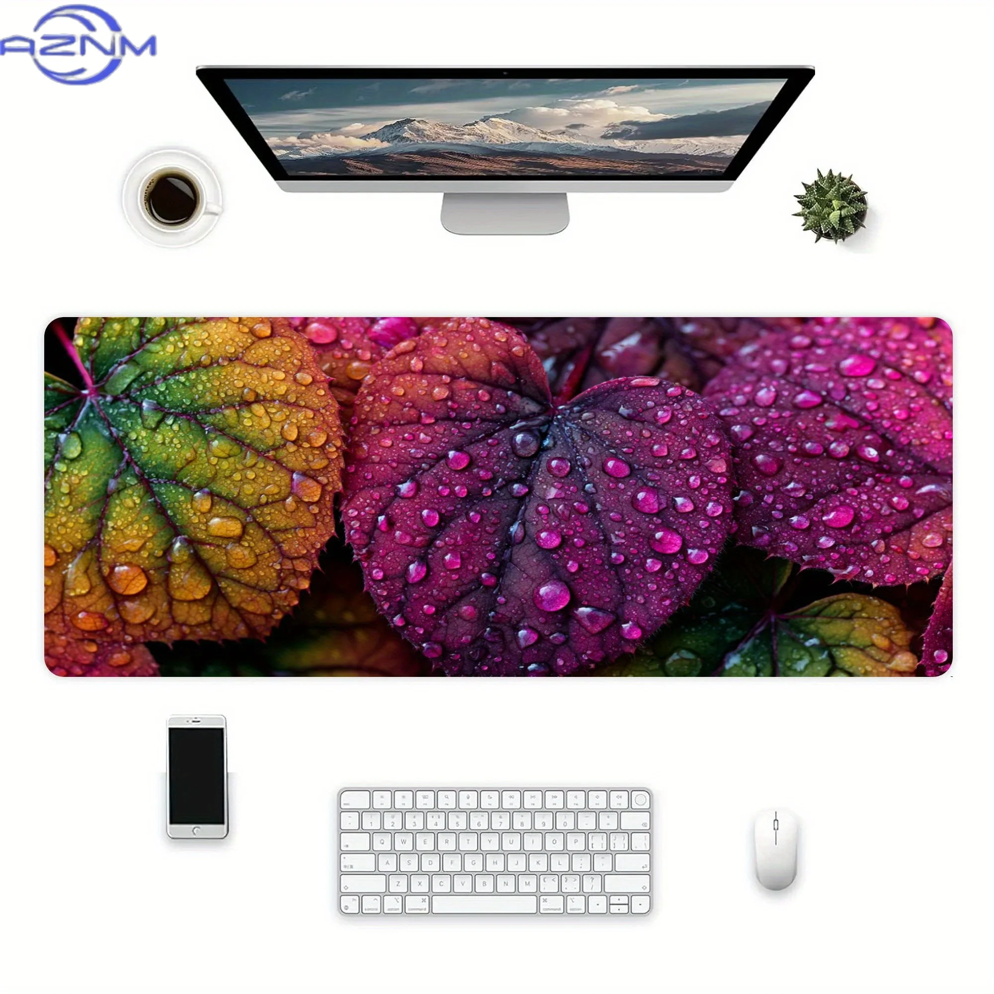 4051pcs Large Rectangular Desk Mat & Mouse Pad with Dewy Leaves Design - Non-Slip Surface, Sewn Edges, Vibrant Purple/Blue/Green