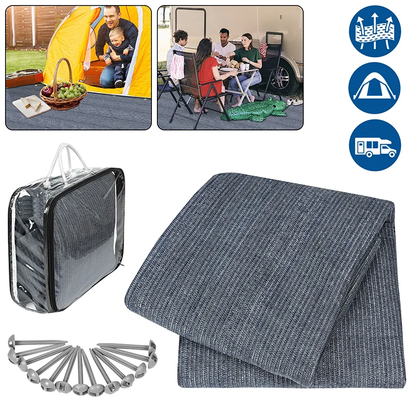 1 Set RV Awning Carpet Camping Carpet Mat Breathable Floor Mat Mesh+13 Ground Nails For Camping Tent Floor Caravan HDPE 2.5x3m