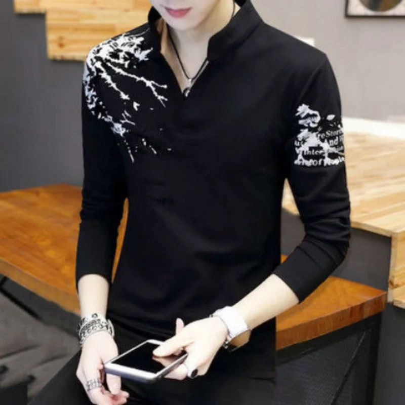 

Cotton Long Sleeve T Shirt For Men Casual Stand Collar Top