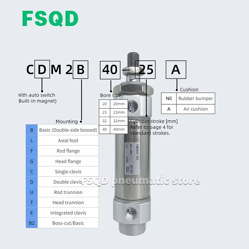 1PC mini air cylinder CDM2B40-25 CDM2B40-50 CDM2B40-60 CDM2B40-75 100 150 175 200 250 300 Z A AZ  CDM2B series