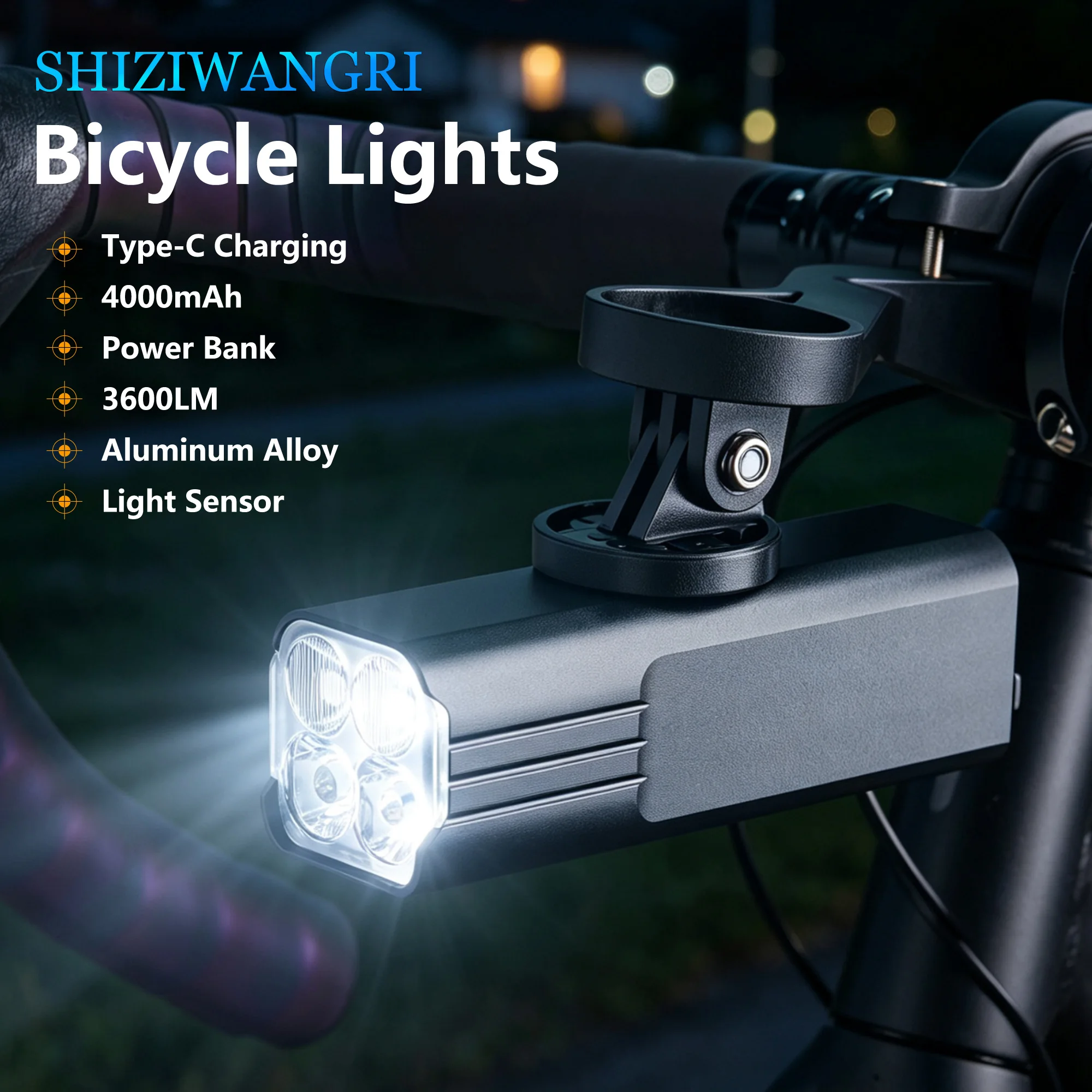 SHIZIWANGRI Light Sensor Bicycle Light 3600LM 4000mAh Type-C Rechargeable Front Light Aluminum Alloy 5 Modes, Mobile Power Bank
