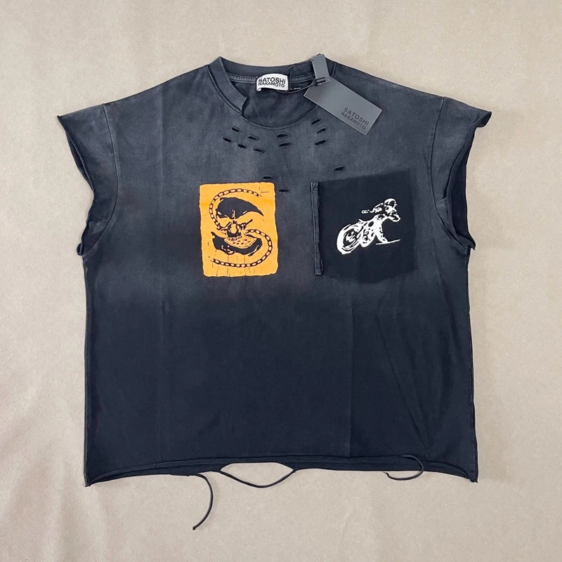 High Street Trend American Style Hip Hop Men Women Satoshi Nakamoto Tops Distressed Washed Splashed Ink Fashion T-shirts