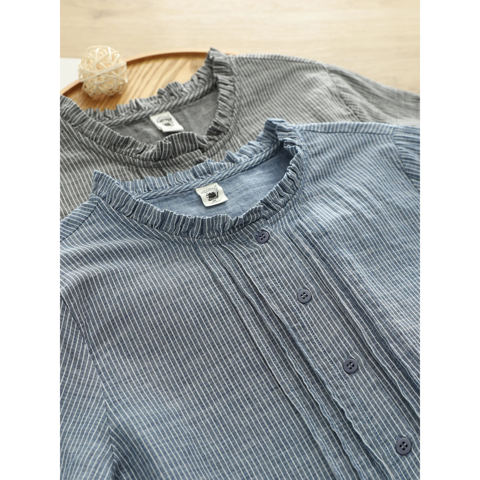 ريترو Sle المرأة فضفاضة القطن irt ربيع الخريف منقوشة طبقة مزدوجة Sve الوقوف طوق المضادة للتجاعيد طويلة Sve #3