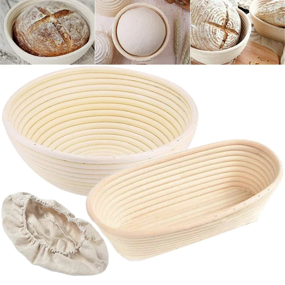 Round Oval Natural Rattan Fermentation Basket with Cover Bread Dough Wicker Rattan Mass Proofing Proving Baskets Baking Tools