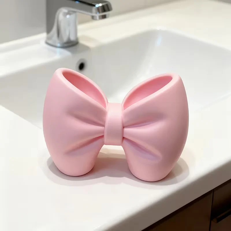 Small Creative Bow Pen And Toothbrush Holder Plastic, Freestanding, Ideal For Bedroom And Bathroom Decor, Bathroom Accessories