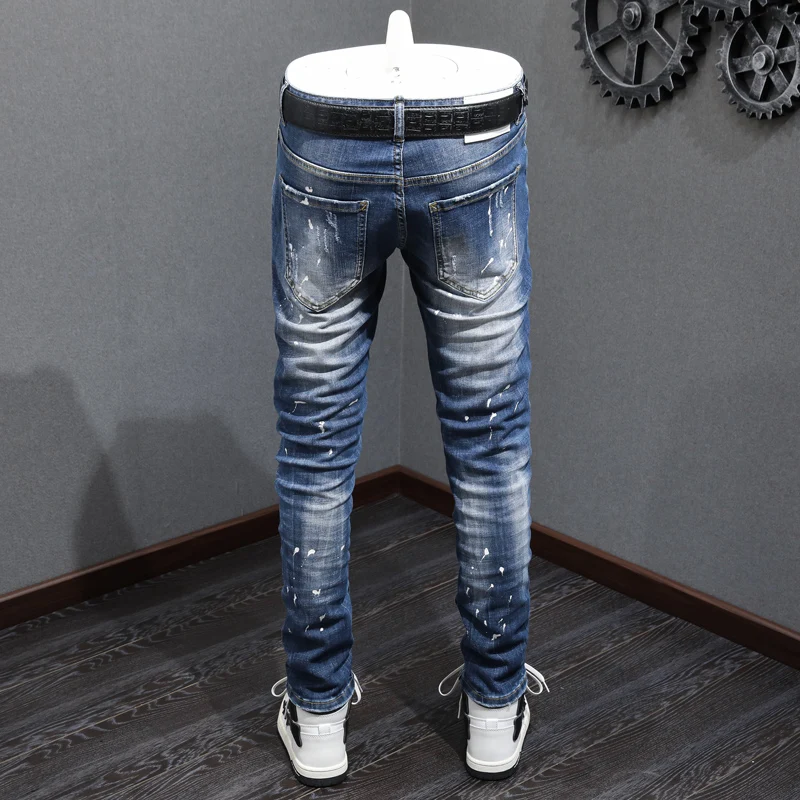 Fashion Trendy Vintage Men Jeans Retro Blue Elastic Stretch Skinny Painted Ripped Jeans Men Patched Designer Denim Pants hombre