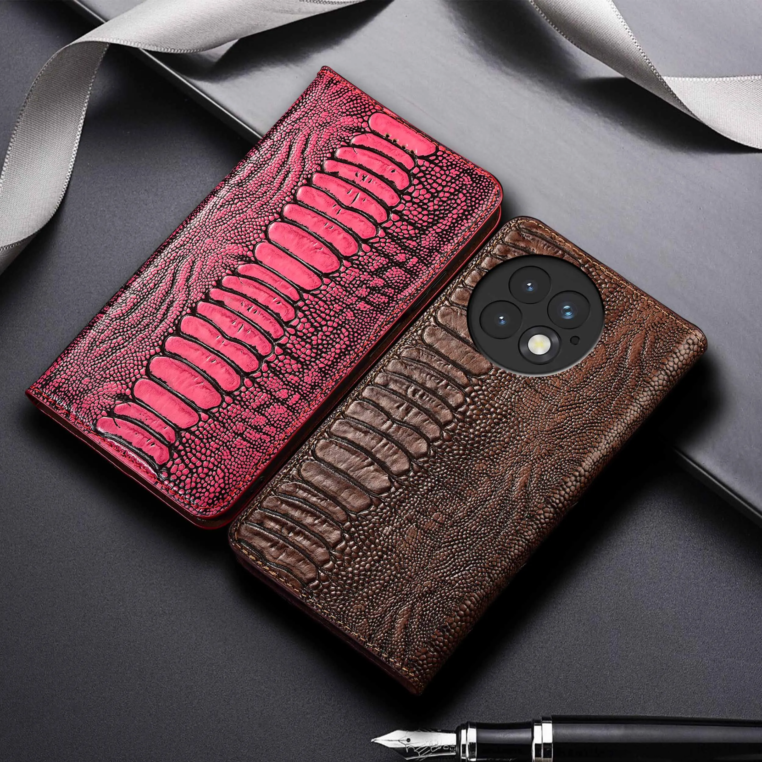 

Для Oneplus 6 6T 7 7T 8 8T 9 9R 9T 10R 10T 11 12 12R 13 13R 13T Pro Страусиные ноги узор из натуральной кожи флип-чехол для телефона