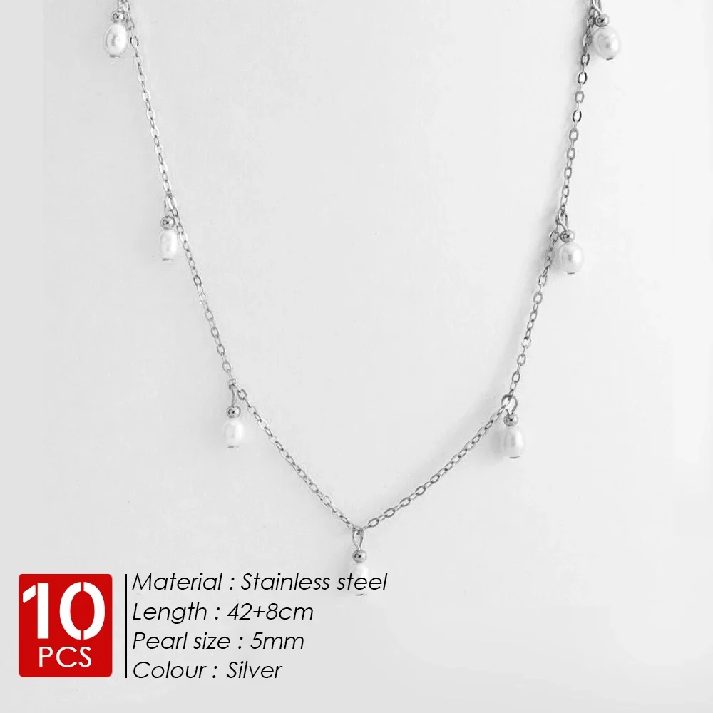 women 10PCS Stainless Steel Simulated Pearl Pendant Necklace Clasp Chain Fine Chain Handcrafted Party Gift dropshipping/Wholesa image 6