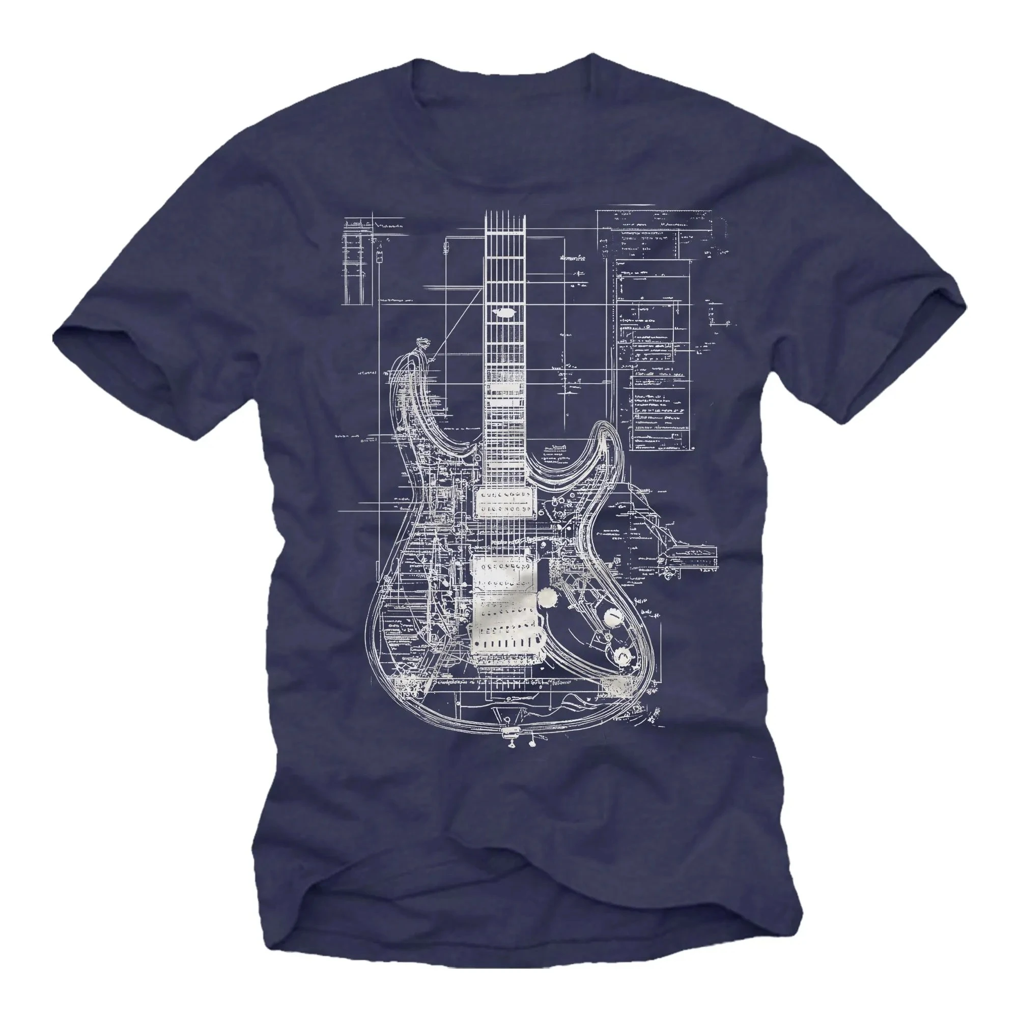 Gifts for Guitarists Men's T-shirt with Electric Guitar - Vintage Blue Print Motif Guitar Print for Men Short-sleeved Men's Tee
