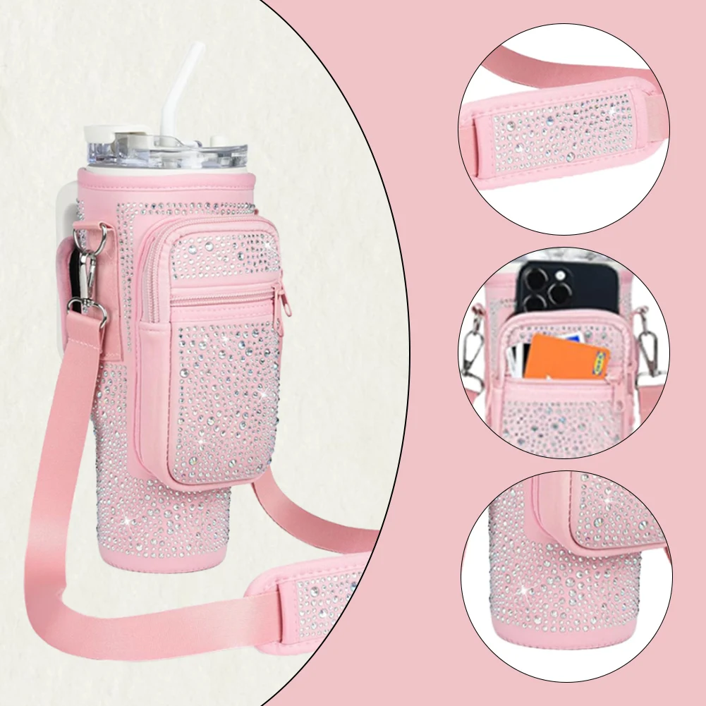 40oz Bling Diamond Water Bottle Holder with Phone Pocket Water Bottle Pouch Holder Water Bottle Bag for Stanley Cup Accessories