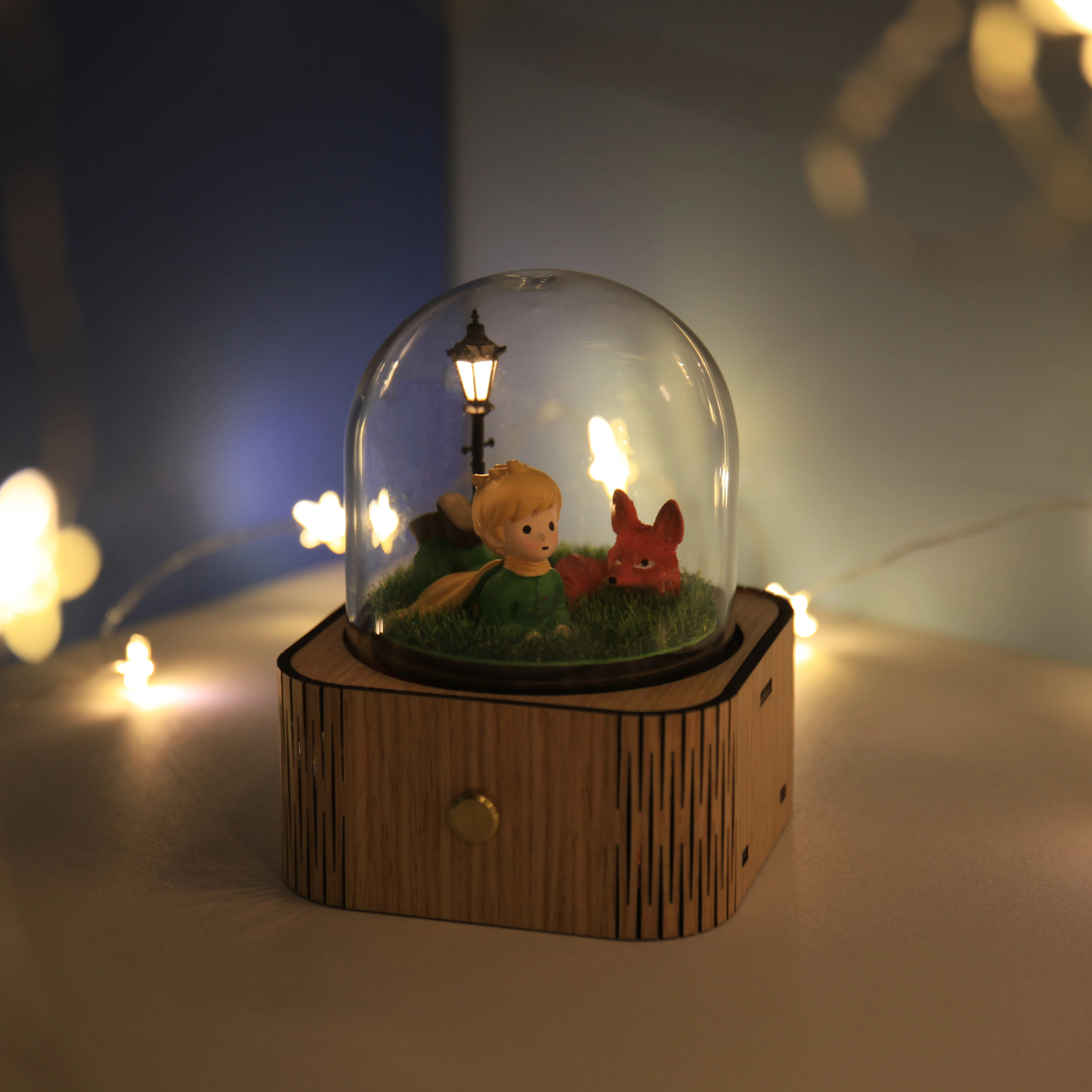 Little Prince Music Box Enchanting Melodies with Iconic Story Scene under Glass Dome on Wooden Base