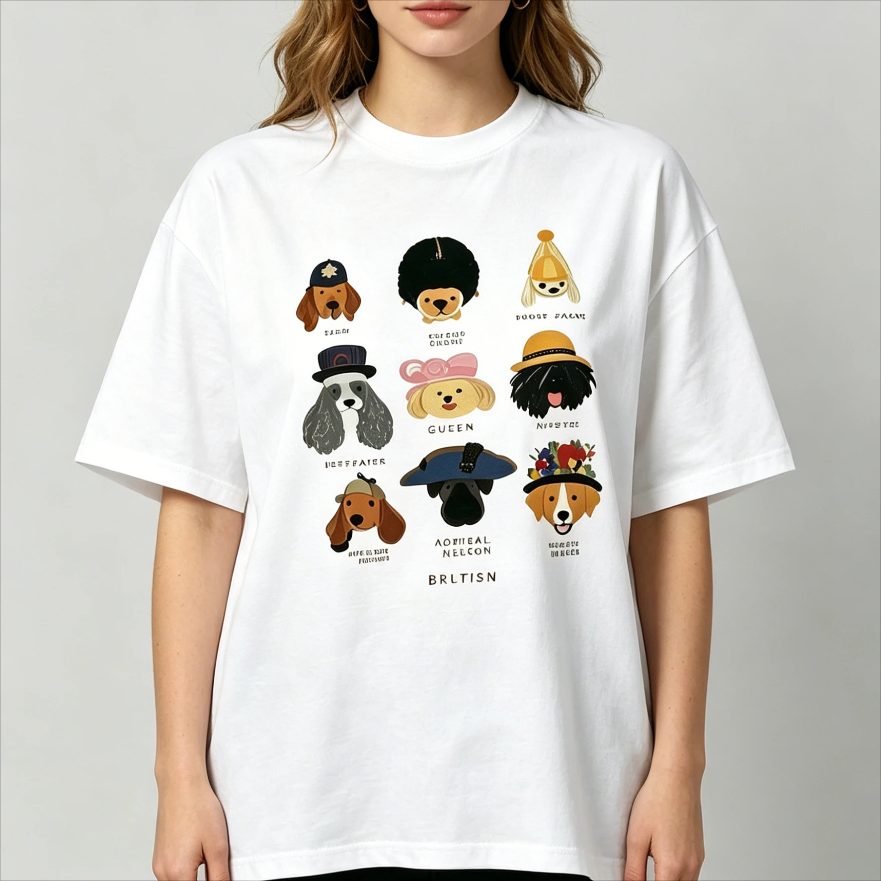 Sweet Funny Women's White Oversized Cotton T-Shirt Cute Multi Breed Dogs in Vintage Hats Cartoon Graphic Casual Pet Lover Tee