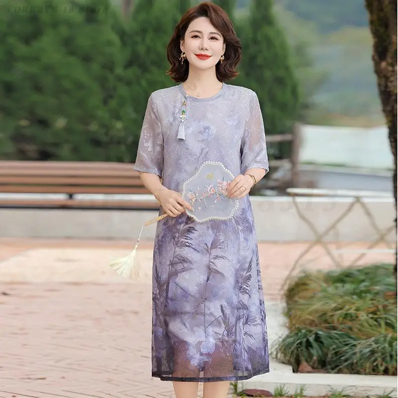 

Новое женское платье Cheongsam с круглым вырезом в китайском стиле, лето 2025 года, новые улучшенные национальные платья Qipao трапециевидной формы с принтом в стиле ретро