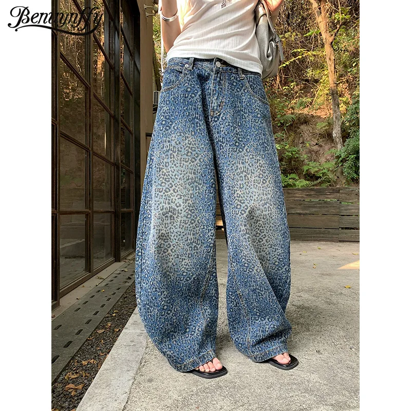 

Джинсы Benuynffy American Y2k Vintage с леопардовым принтом для женщин, новинка весны 2026, уличный стиль Харадзюку, широкие брюки с низкой посадкой