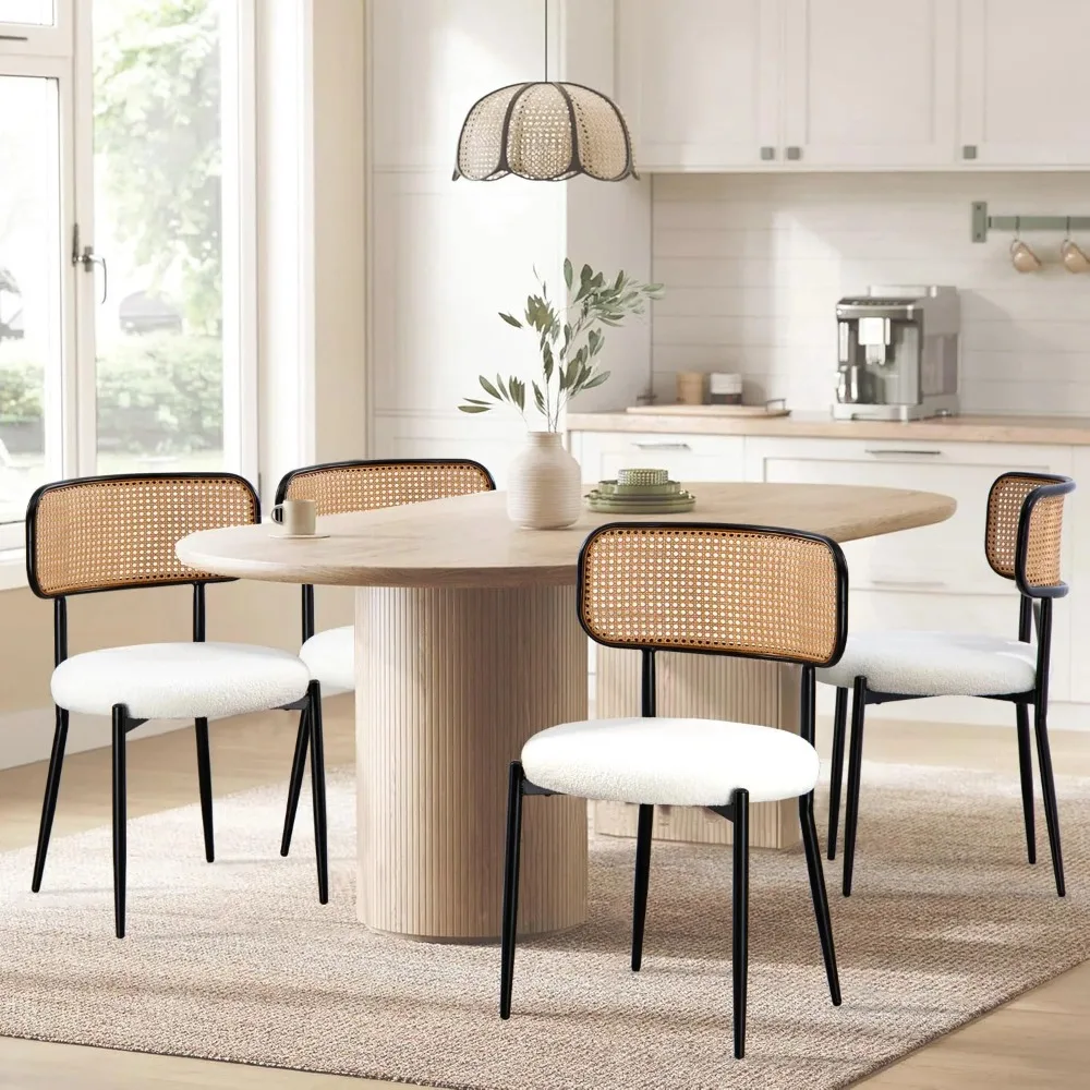 

Rattan Dining Chairs Set of 4,Mid-Century Modern Kitchen & Dining Room Chairs with Cane Back & Boucle Upholstered, Accent Chair
