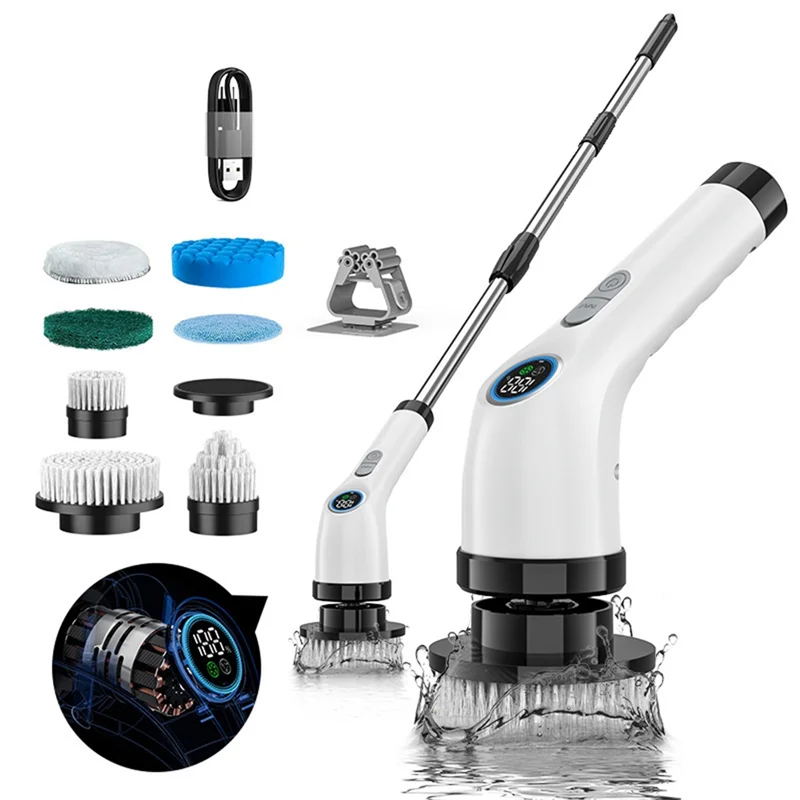

AT02-Electric Cleaning Brush Spin Scrubber Cordless Cleaning Brush Cordless 2 Gears Clean 7 Replaceable Brush Heads Shower Clean