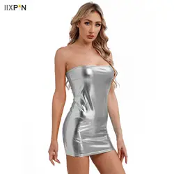 Sexy Nightclub Sliver Dress Women Streetwear Metallic Shiny Strapless Breast Wrap Bodycon Mini Dress for Dancing Party Carnivals