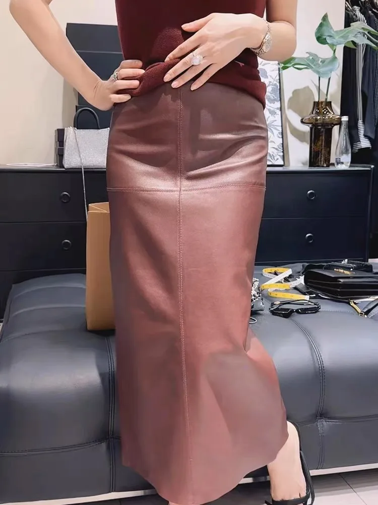 Spring Women's Ankle Long Leather Skirt with Female Soft genuine Leather Back Split Straight Jupe Slimming 90 cm Loose