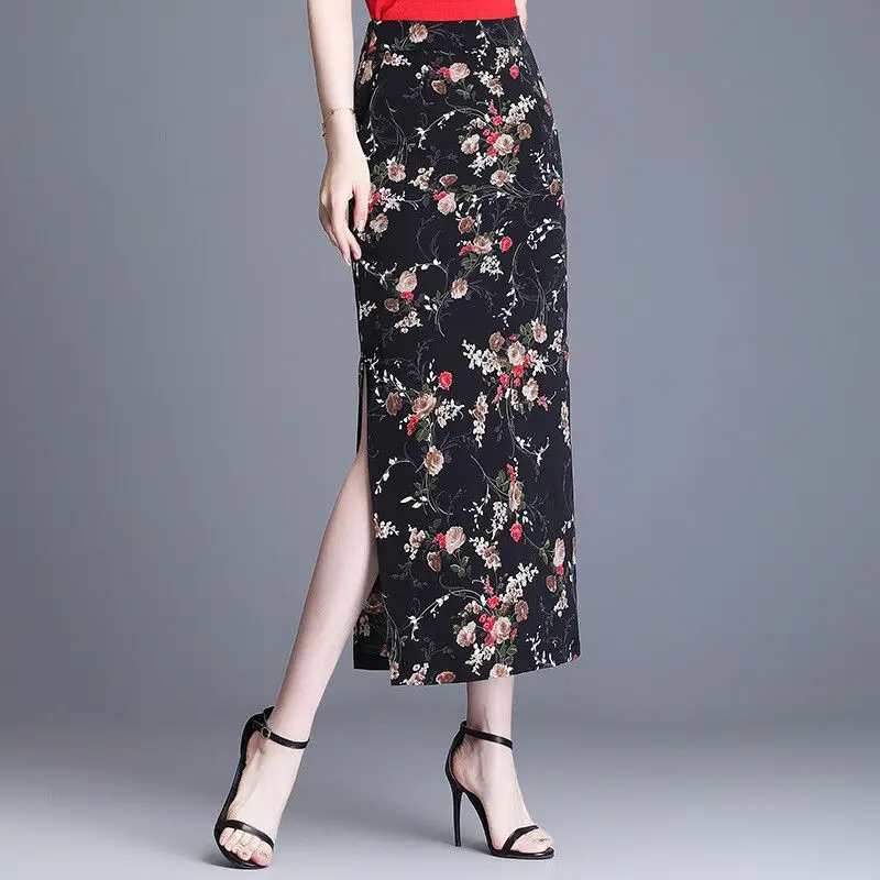 Fashion Zipper Printing Slit Elegant Chiffon Floral Skirts Women\'s Clothing 2024 Summer New Loose Office Lady High Waist Skirts