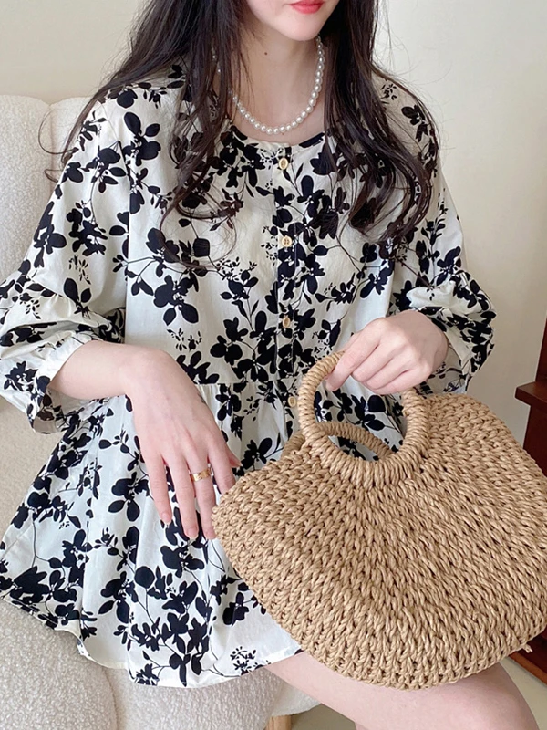 

Summer Cotton Linen Floral Print Loose Fitting Women's Shirt Big Size Sweet Style Belly Covering Slimming Doll Shirt