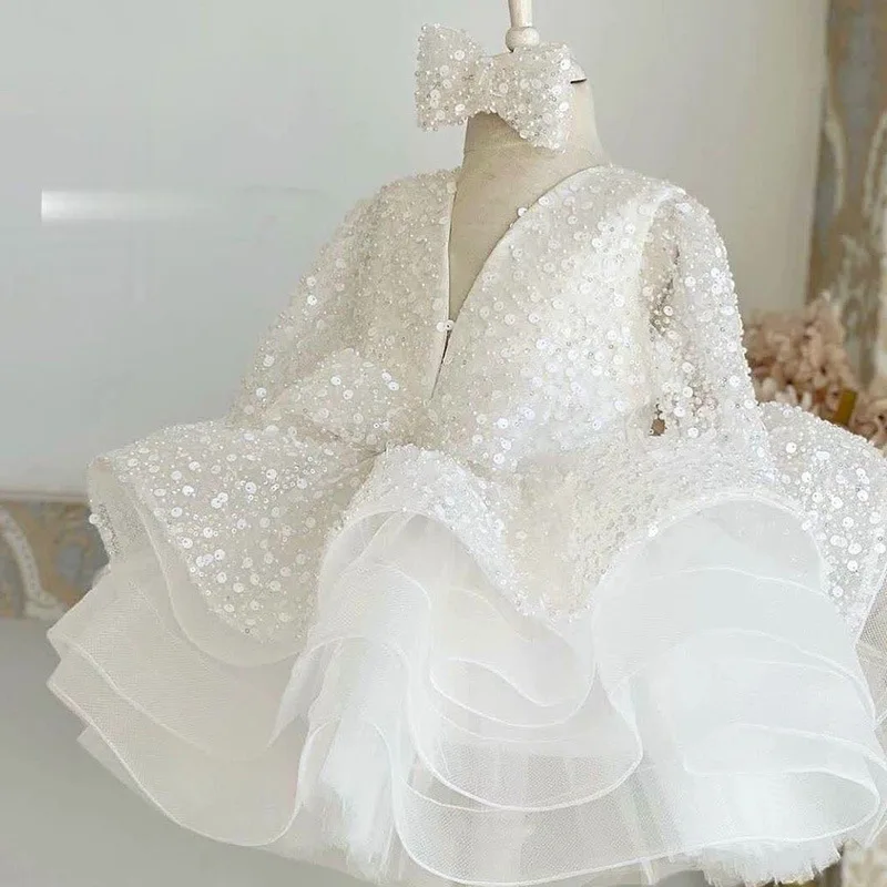 White Fluffy Gauze Dress for Girls' Princess Dress, Host Model Runway Show, Children's Dress Cross-border Hair Collection