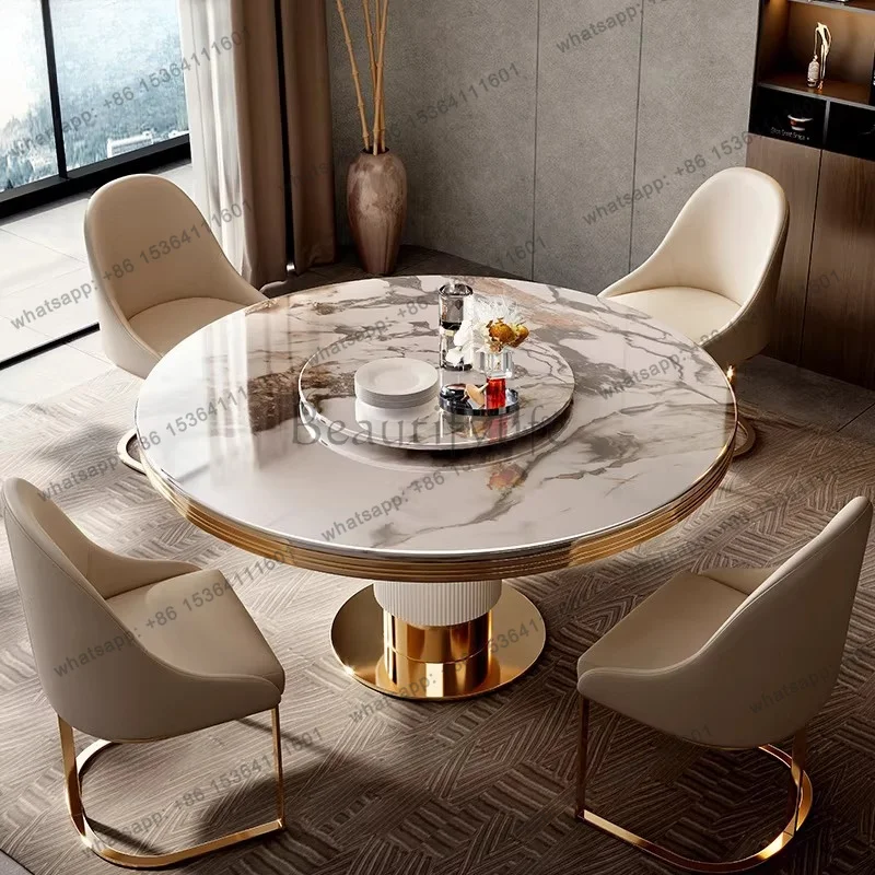 zj.Round Table With Turntable Dining Table Luxury Modern Restaurant Marble Dining Tables And Chair Combination Simple Furniture
