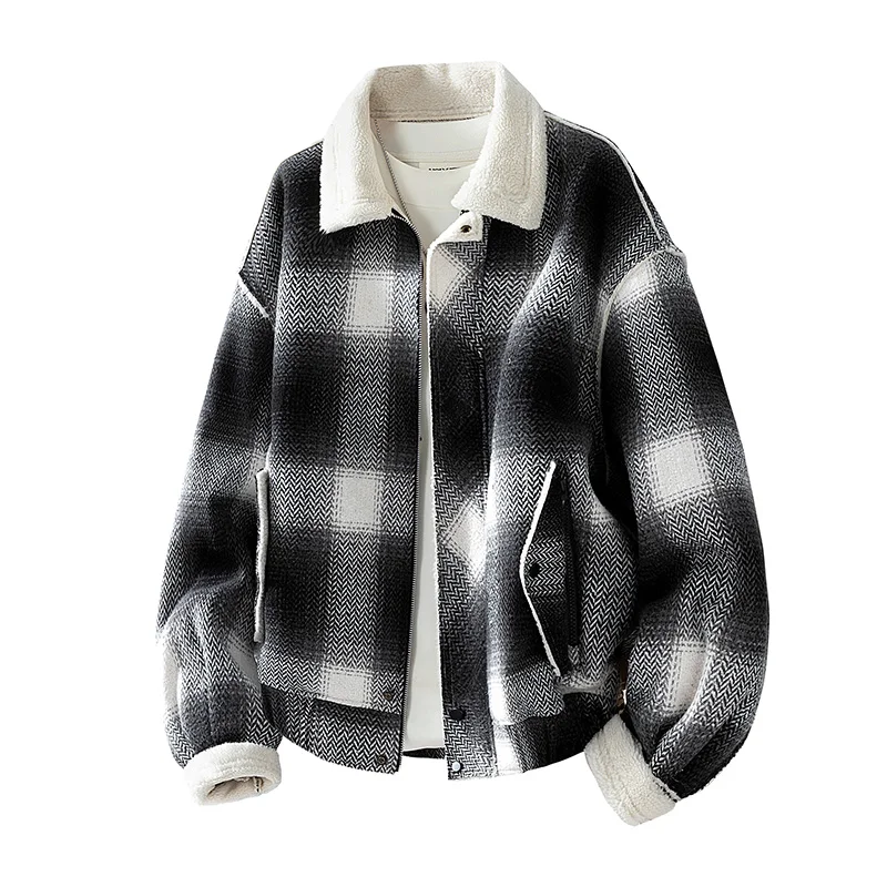 

Autumn and Winter Black and White Checkered Lamb Wool Lapel Jacket, Loose Zipper Jacket, Vintage Herringbone Design, Warm and Comfortable Textured Top, Versatile Autumn and Winter Fashion Item