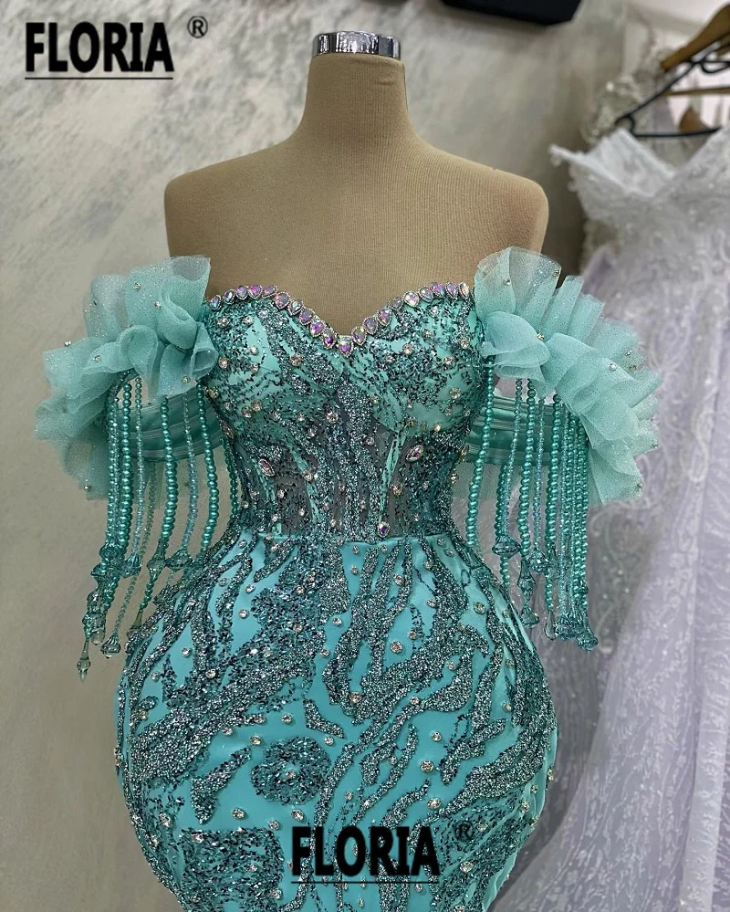 Mint Green Crystals Beaded Prom Dresses 2024 Off the Shoulder Ruffles Tassels Mermaid Evening Celebrity Party Dress Weding Gala