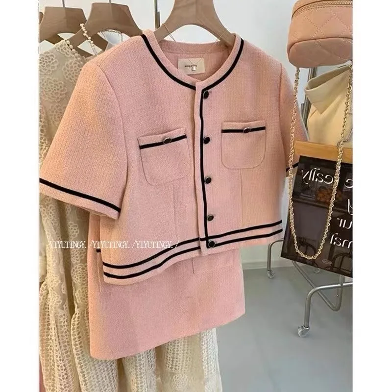 Women Vintage Chic Fragrant Pink Suit Shirt Top And Skirt Two Piece Set Matching Outfit 2023 New Summer Formal Occasion Cloth