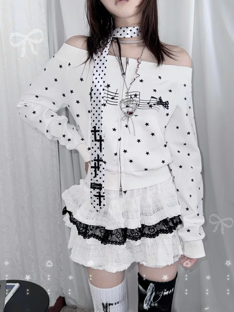 

Свитшот Casper970 Retro Star Note Print в корейском стиле, универсальный, на одно плечо, свободного кроя, с длинными рукавами, на молнии, в милом стиле