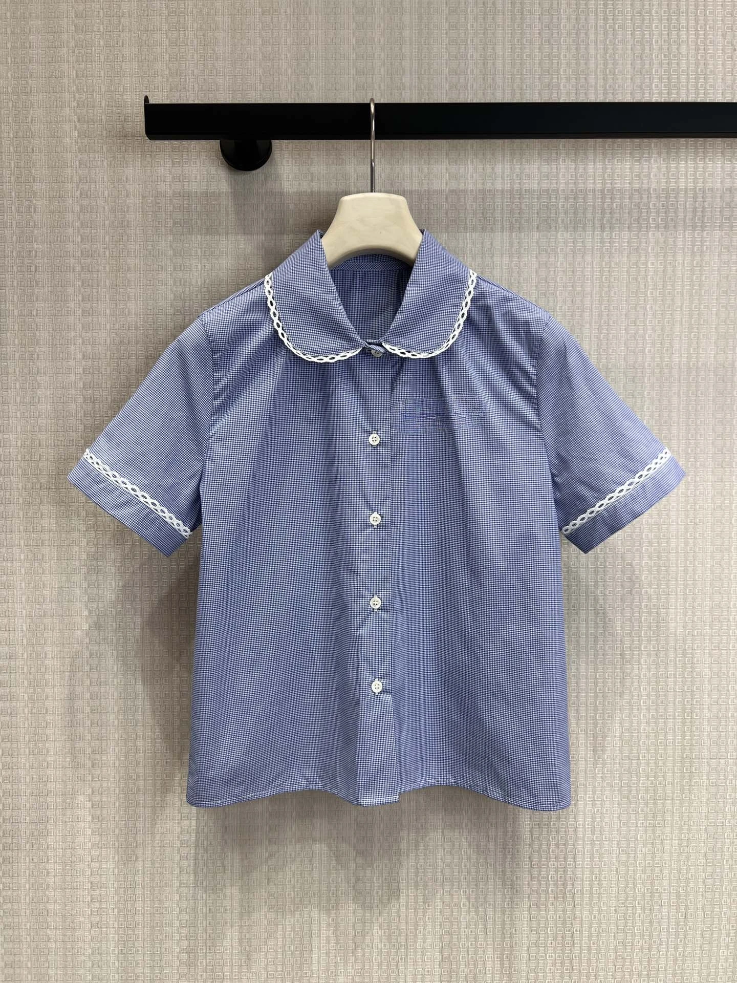 

Синяя клетчатая женская рубашка с кружевным воротником и короткими рукавами, универсальная, модная, молодежная, из смесового хлопка, в деловом повседневном стиле