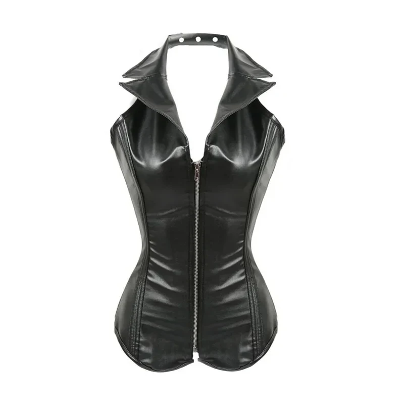 

High Quality PU Leather Black Corset Ladies Zipper Halter Lace Up Back Body Sculpting Top Steel Bone Palace Overbust Corset