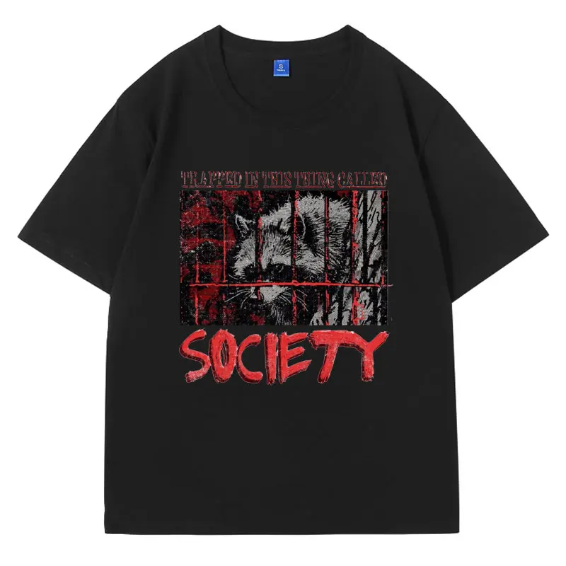 Society Raccoon T-shirt Men Women's Raccoon Weird InThe Detention Cage Japanese Weird Funny T Shirt Cartoon Oversized Tees Tops