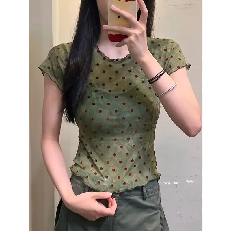 Fungus Edge Kontrast Polka Dot Kurzarm-Rundhals-Oberteil Lässiges Grafik-T-Shirt Ropa De Mujer Grunge Tee