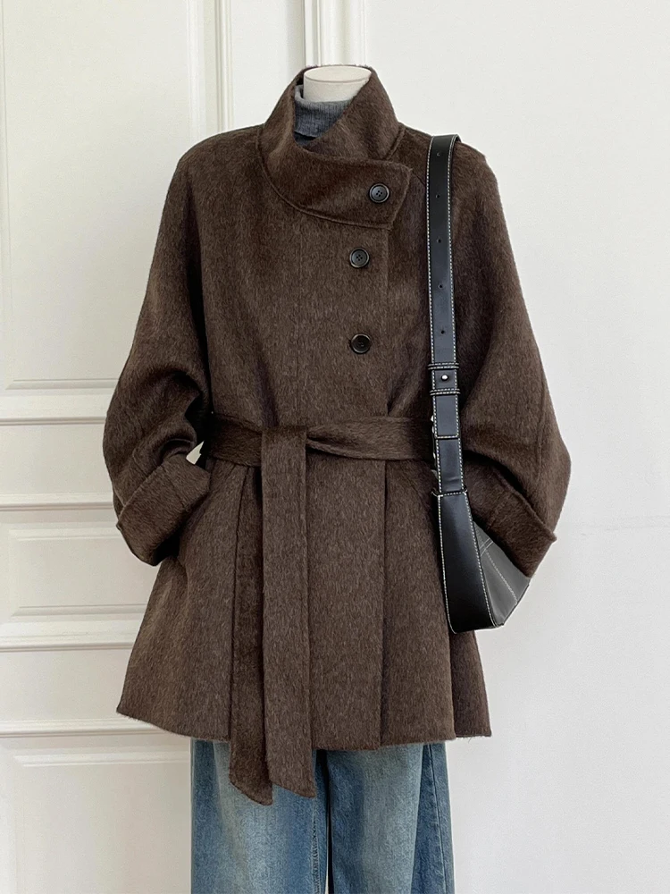 

Brown Belted Woolen Coat And Grey Base Shirt Women's Fashion Set Spring Autumn New Style Korean Version High Waist Commute