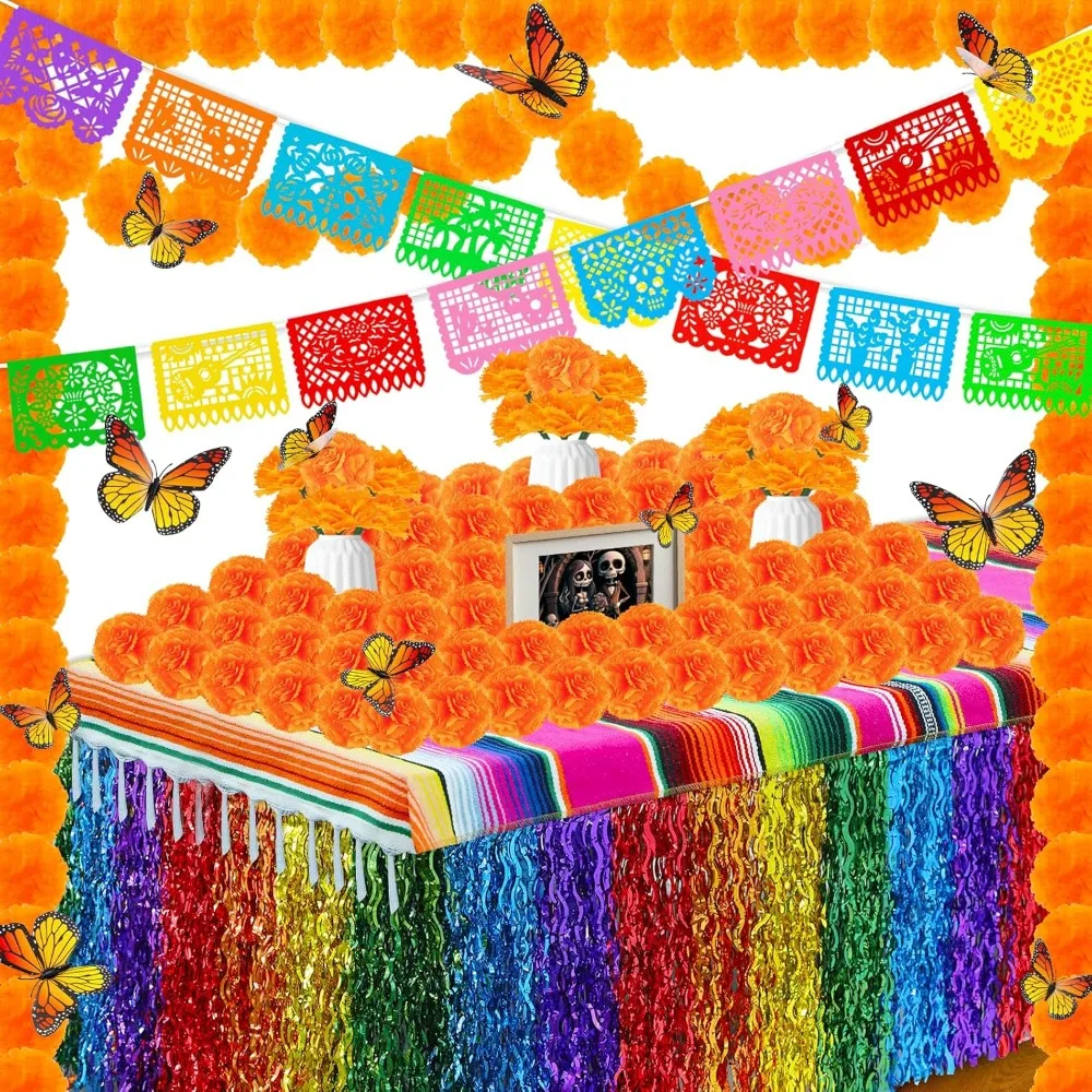Juego de decoraciones del Día de los Muertos, 96 Uds., 18 pancartas de fiesta mexicana, Papel Picado, 2 guirnaldas, 50 flores de caléndula, mesa