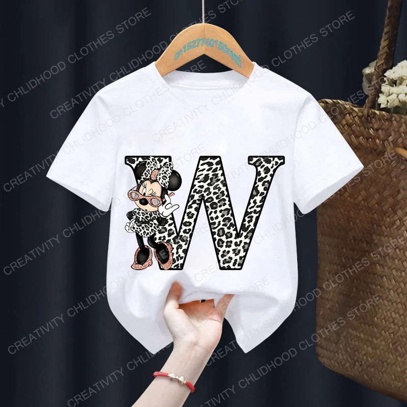 Camiseta de Minnie con letras A, B, C y D para niños, camiseta Kawaii de Disney, ropa informal de dibujos animados de Anime, camiseta de manga corta