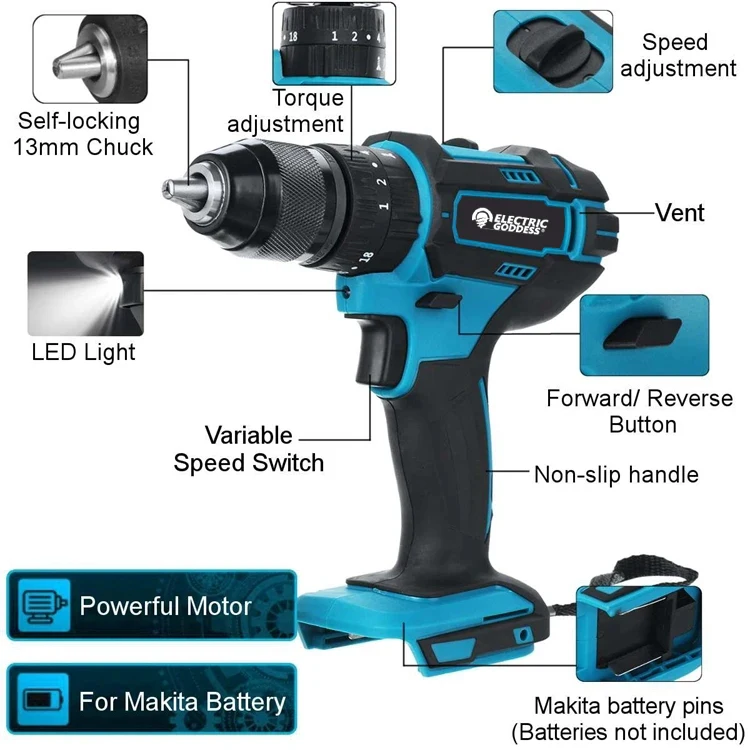 Electric Goddess 3 IN 1 Electric Impact Drill 520N.M Torque 10mm Chuck Flat Drill Hammer Electric Screwdriver for Makita 18V