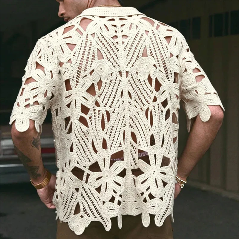 Vintage botão-up lapela camisas de malha dos homens sexy oco para fora transparente bordado camisa de malha para homem 2025 verão camisas elegantes