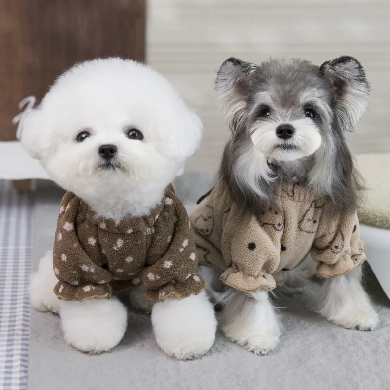 Warm Plush Dog Pullovers Luxury Pet Hoodie Autumn Soft Dog Clothes Cute Bow Puppy Top Ruffle Cat Shirt Bear Print Pet Sweatshirt view 3