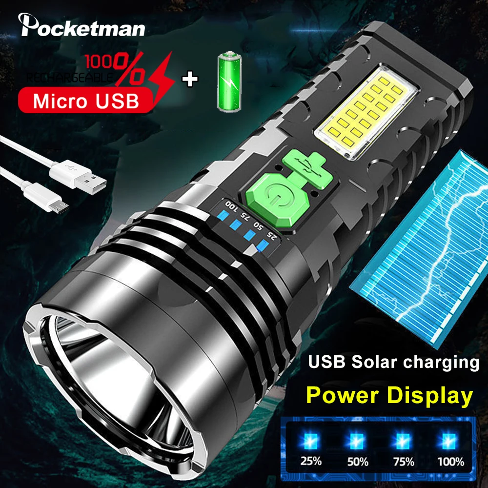 

Solar/USB Flashlight Rechargeable 4 Switch Modes Flashlights Waterproof Torch for Camping Hiking Fishing Adventure Emergency