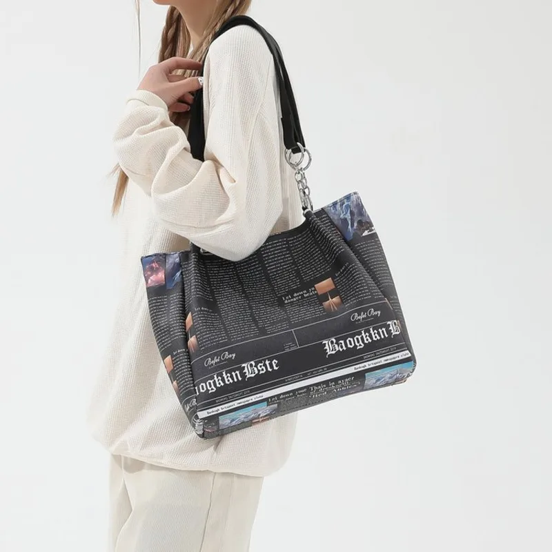 Women's Tote Bag Single Shoulder Underarm Shopping Bag New Large Capacity Printed Newspaper Trendy Personality