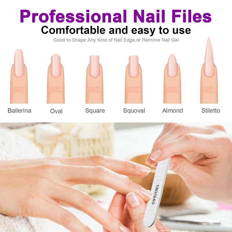 10Pcs Nail Files 180/240 Grit Washable Wooden Files For Manicure Straight Strong Sandpaper Salon Acrylic Nail Supplies