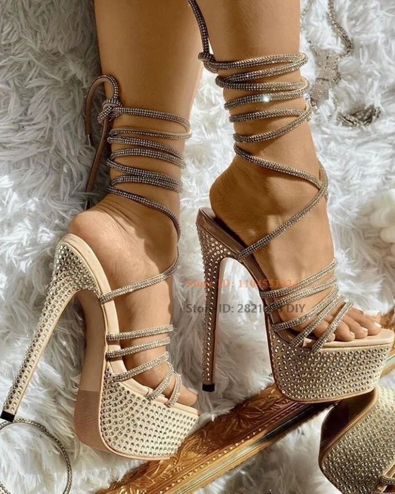 

Nude Crystal Platform Cross Strap Strappy Lace Up High Heel Sandals Concise Stiletto Heels Slim Heel Women Summer Shoes